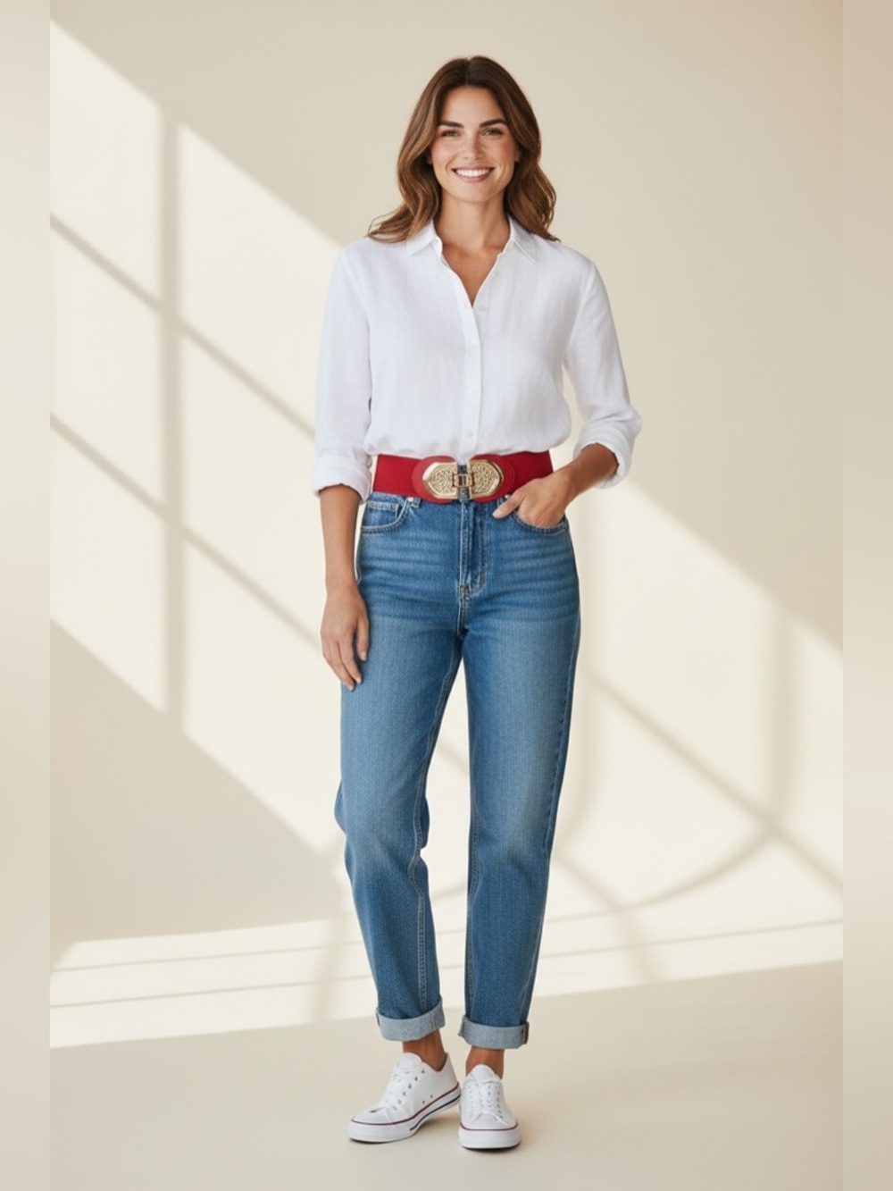 Wide Red Stretch Belt with Gold Buckle – Statement Waist Cincher